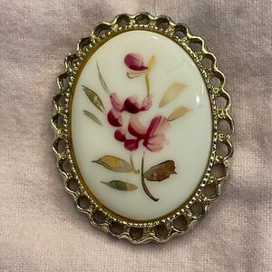 Hand painted on porcelain brooch vintage shows some wear